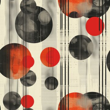 Painting of circles in black and red with a white background