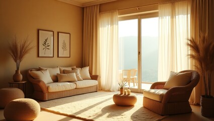 Fototapeta premium The room's cozy atmosphere is brightened by sunlight streaming through a large panoramic window, featuring beige tones along with wicker furnishings and natural materials.