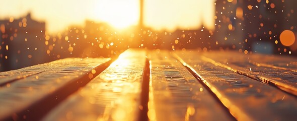 A wet wooden surface glistens under a golden sunset, with droplets of water reflecting the warm light. Concept of nature and tranquility.