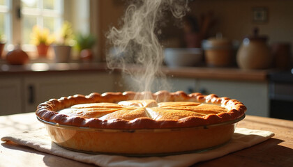Baked pie on a kitchen table, steaming and fresh, cozy home atmosphere