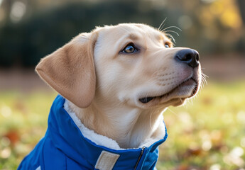 A labrador guide dog wears a blue coat, standing by its handler outdoors, highlighting the important role guide dogs play in assisting the visually impaired.