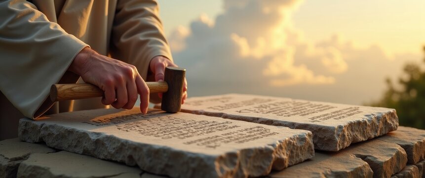 The biblical prophet inscribes letters into stone tablets of the Commandments.