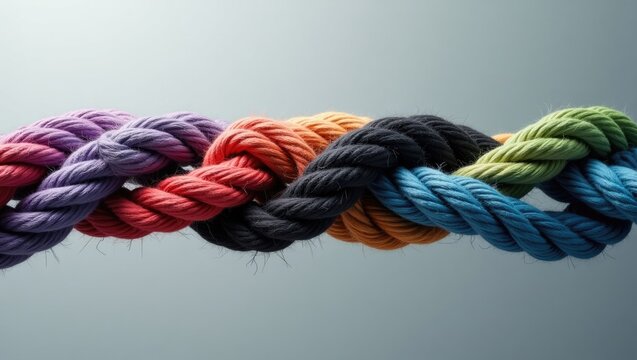 Team business support framework or unity and teamwork idea depicted by a collection of diverse ropes intertwined, symbolizing strength and solidarity associated with belonging or inclusion.