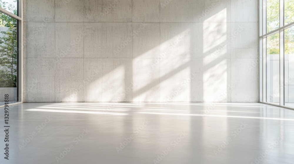 Poster sunlight streams through a featuring casting shadows across a minimalist white room window, copy spa