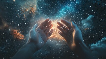 double exposure hands touching and the universe spinning inside Hands reaching for cosmic energy in space.