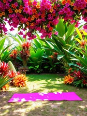  Tropical garden with vibrant flowers surrounding a yoga mat, creating a relaxing and vibrant space for yoga practice