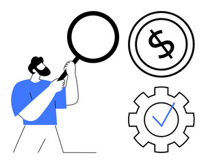 Person holding magnifying glass inspecting details near dollar sign and gear with checkmark. Ideal for financial analysis, quality assurance, problem-solving, decision-making, efficiency