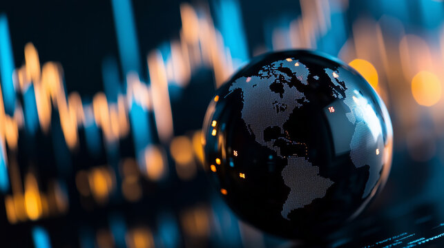 globe with financial symbols and graphs representing global markets