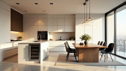 Expansive white kitchen featuring warm tones, large countertops, high-end appliances, a spice kitchen, a black leather dining chair at the table, a wine fridge, and a workspace.