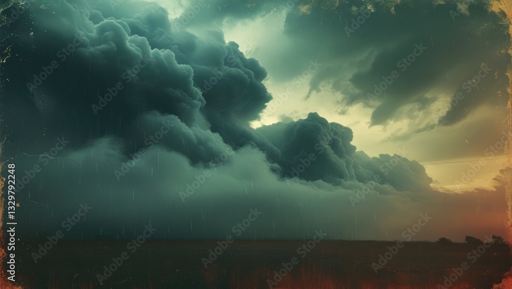 Poster the clouds were releasing rain, creating a dark and ominous look in the sky. the sky is covered and 
