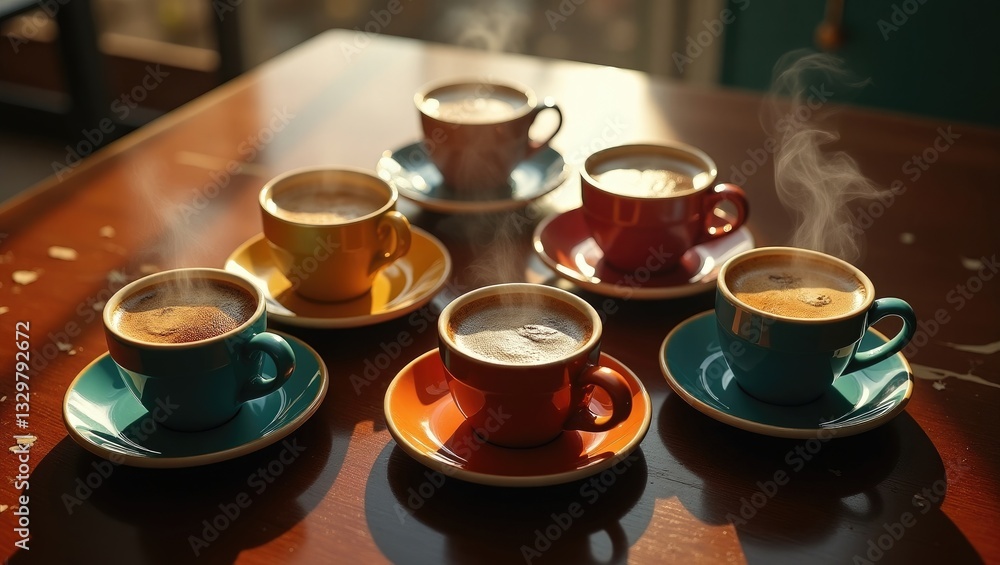 Poster view from above of multiple coffees.