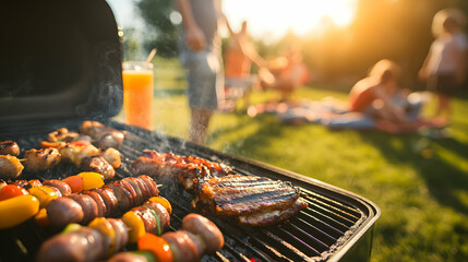 Delicious BBQ feast grilling outdoors, family enjoying summer picnic, sunset light.