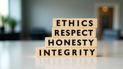 Wooden blocks displaying the words 'ethics, respect, honesty, integrity'.