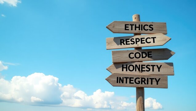 Wooden signpost - conduct code.