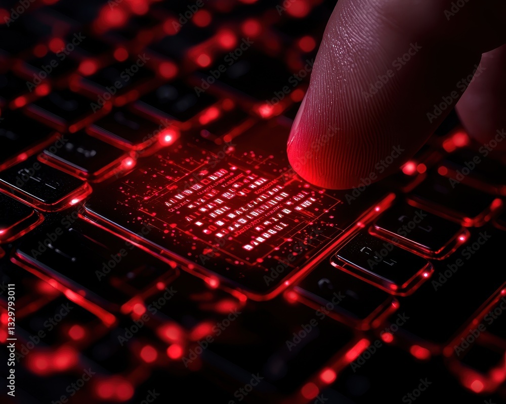 Poster finger touching glowing red digital circuit on keyboard, symbolizing technology interaction.