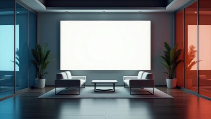 Fototapeta premium Modern office featuring a white fake billboard with glass doors, hardwood flooring, and contemporary furniture.