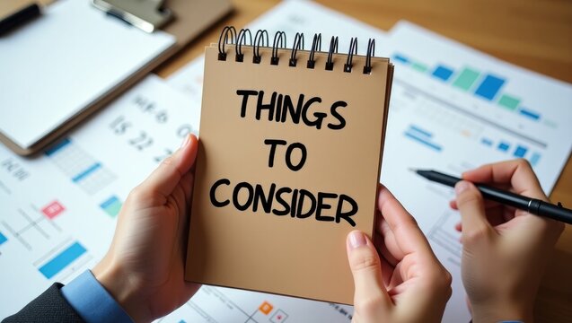 On a brown paper notepad in hands on the table with a diagram, THINGS TO CONSIDER for business concept.