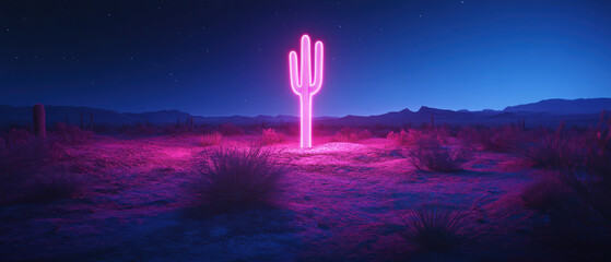 glowing neon cactus illuminates serene desert landscape under starry night sky, creating surreal and vibrant atmosphere