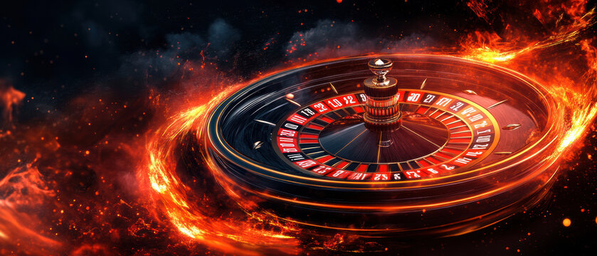 fiery roulette wheel surrounded by glowing flames, symbolizing high stakes and intense energy in casino setting. dramatic lighting and dynamic motion create thrilling atmosphere