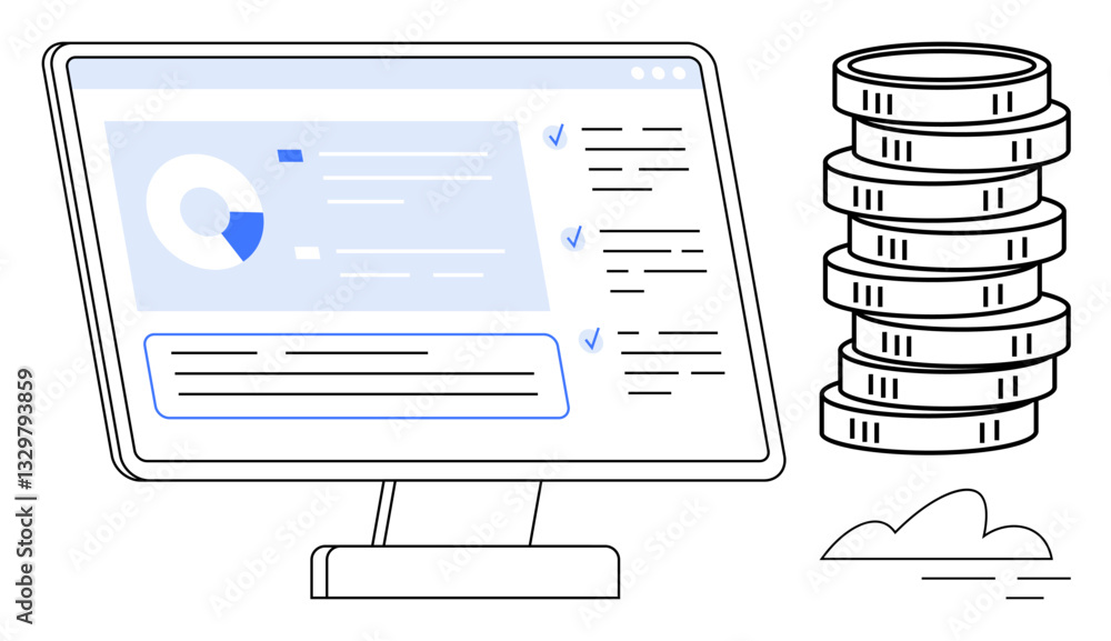 Poster desktop monitor displaying data analytics dashboard with charts and task list, stack of coins symbol