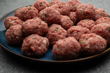 , Deutschland, Rheinland-Pfalz, 13.03.2025,  Rohe Hackfleischbällchen mit Zwiebeln und Kräutern auf einem blauen Teller. Perfekt für Fleischgerichte und Food-Fotografie.