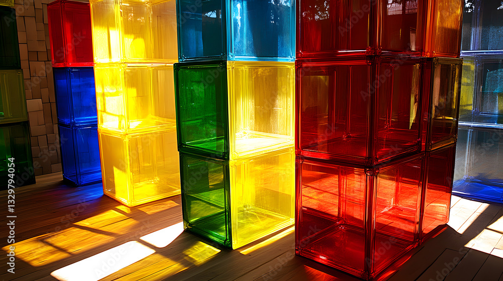 Poster room filled with colorful glass blocks creating a bright and vibrant display of hybrid spaces in an 