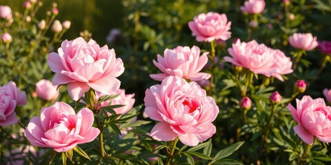 Fototapeta premium Pink roses and peonies blooming in a lush garden, bathed in soft morning sunlight, creating a warm and vibrant scene.