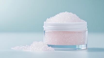 Cosmetic product container, pastel pink cream in an elegant jar, soft focus background, ideal for beauty and skincare promotions.