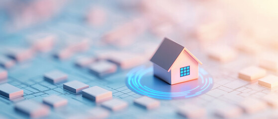 miniature house model placed on digital city map with glowing blue highlights, symbolizing real estate market hotspots and urban planning in futuristic setting
