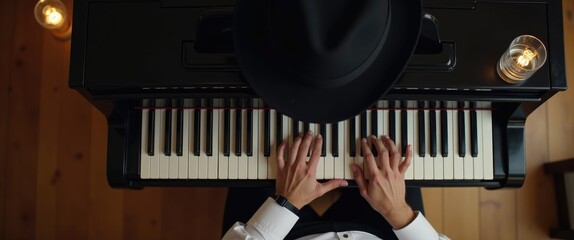 Talent and virtuosity. Aerial view of attractive young men performing on piano.