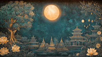 Hand-Drawn Chalk Art on Backboard Depicting a Radiant Full Moon Over a Bodhi Tree with Lotus Flowers and Temples, Creating a Serene Mahayana New Year Atmosphere