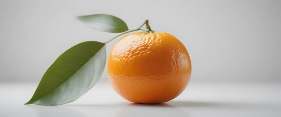 A bright orange orange, with its leaf stem placed on a clean white surface with a white background. The lighting is soft and even, bringing out the texture of the orange peel.