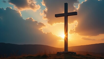 The cross illuminated by the setting sun against a sunset backdrop.