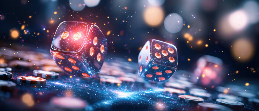 pair of glowing dice roll on cosmic themed casino table surrounded by poker chips, with vibrant lights and sparkles creating dreamlike atmosphere