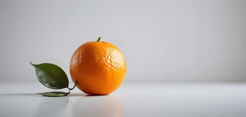 A bright orange orange, with its leaf stem placed on a clean white surface with a white background. The lighting is soft and even, bringing out the texture of the orange peel.