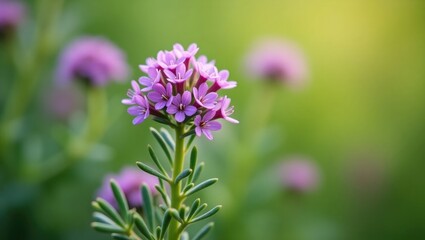 Obraz premium Thymus serpyllum, Breckland thyme, creeping thyme, or elfin thyme plants during their flowering season. Natural herbal components found in wild nature utilized in homeopathy and culinary practices.