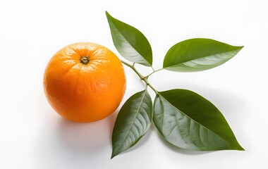 A bright orange orange, with its leaf stem placed on a clean white surface with a white background. The lighting is soft and even, bringing out the texture of the orange peel.
