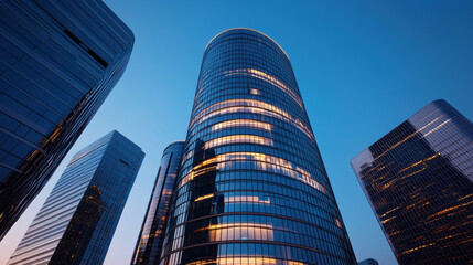 Obraz premium futuristic city skyline at dusk featuring illuminated skyscrapers with reflective glass facades, showcasing modern architecture and urban development