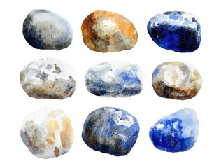 Fototapeta premium Watercolor Illustration of Various Colorful Stones and Pebbles