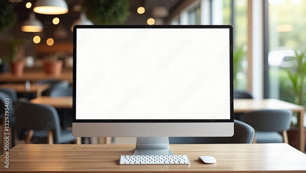 Poster workplace concept mockup of a blank-screened desktop computer with a keyboard in the background.