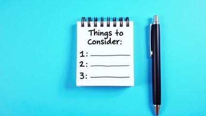 Considerations listed on a notebook page. Conceptual image representing the creation of a checklist or shopping list.