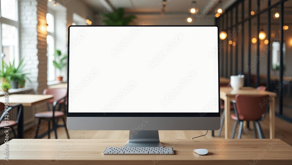 Poster workplace concept featuring a mockup of a blank screen on a computer desktop with a keyboard in the 