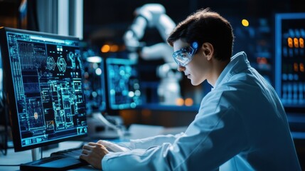 A futuristic AI engineer working in a high-tech lab, developing advanced neural networks and AI-powered automation. Holographic data interfaces display deep learning models, robotics engineering, 