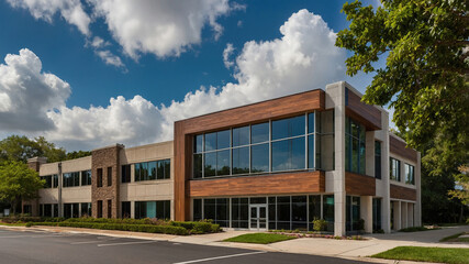 Edificio contemporáneo de oficinas diseñado con elementos naturales y minimalistas, ubicado en un entorno urbano con toques de naturaleza