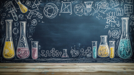 a polished backboard with hand-drawn chalk pastel illustrations including test tubes, a flask, and chemical symbols; a modern professional concept for education