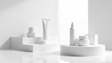 White Room Studio Shot for Product Display Background featuring Whitening Cosmetics, Dentistry, or Health Care Items with Geometric Platforms and Shapes.