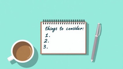 Things to consider checklist - handwritten notes in a notebook accompanied by a coffee cup, business planning idea.