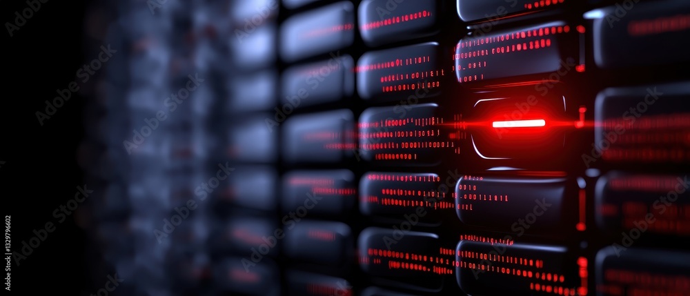 Poster futuristic data server with red lights in a dark environment, symbolizing advanced technology.