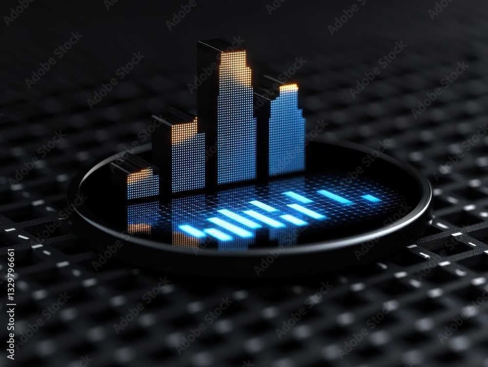 Poster futuristic data visualization with sleek 3d bar graph on digital background in blue light.