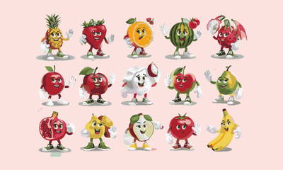  Modern vector-style illustration featuring anthropomorphic fruit characters with expressive faces, easily editable.